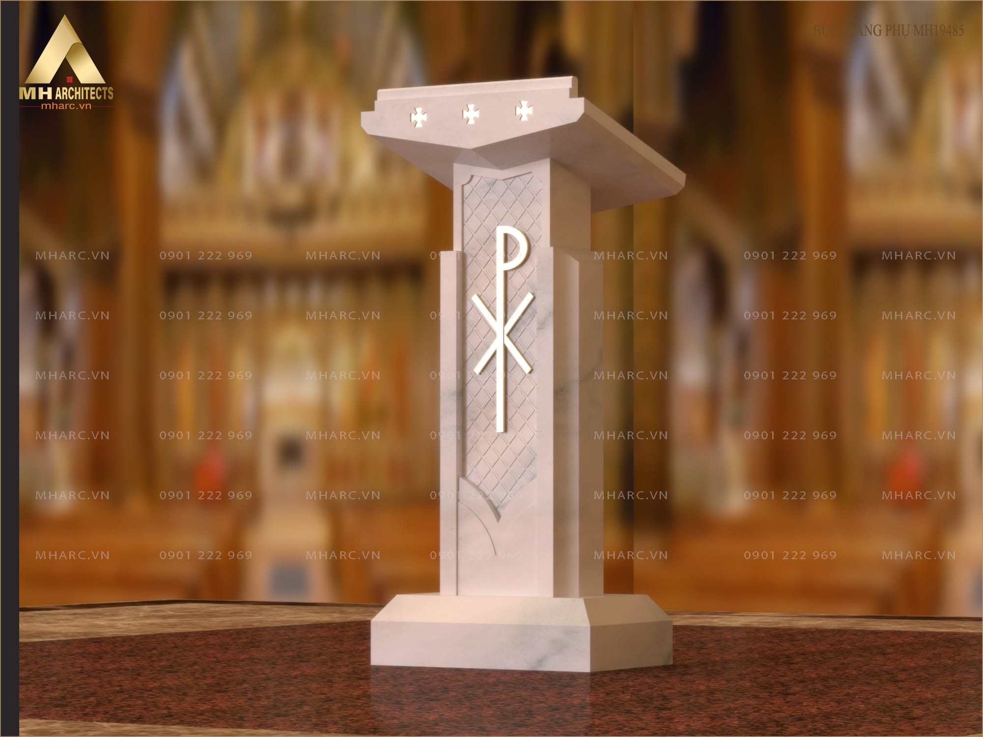 Bục đọc lời nguyện nhỏ bằng đá cẩm thạch trắng khắc biểu tượng PX (Pax) mã MH19485