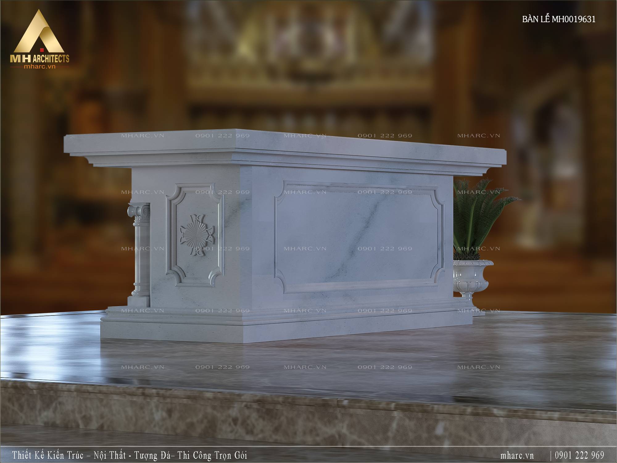Bàn lễ đá trắng nguyên khối đẹp với phong cách Roman MH0019631 c3