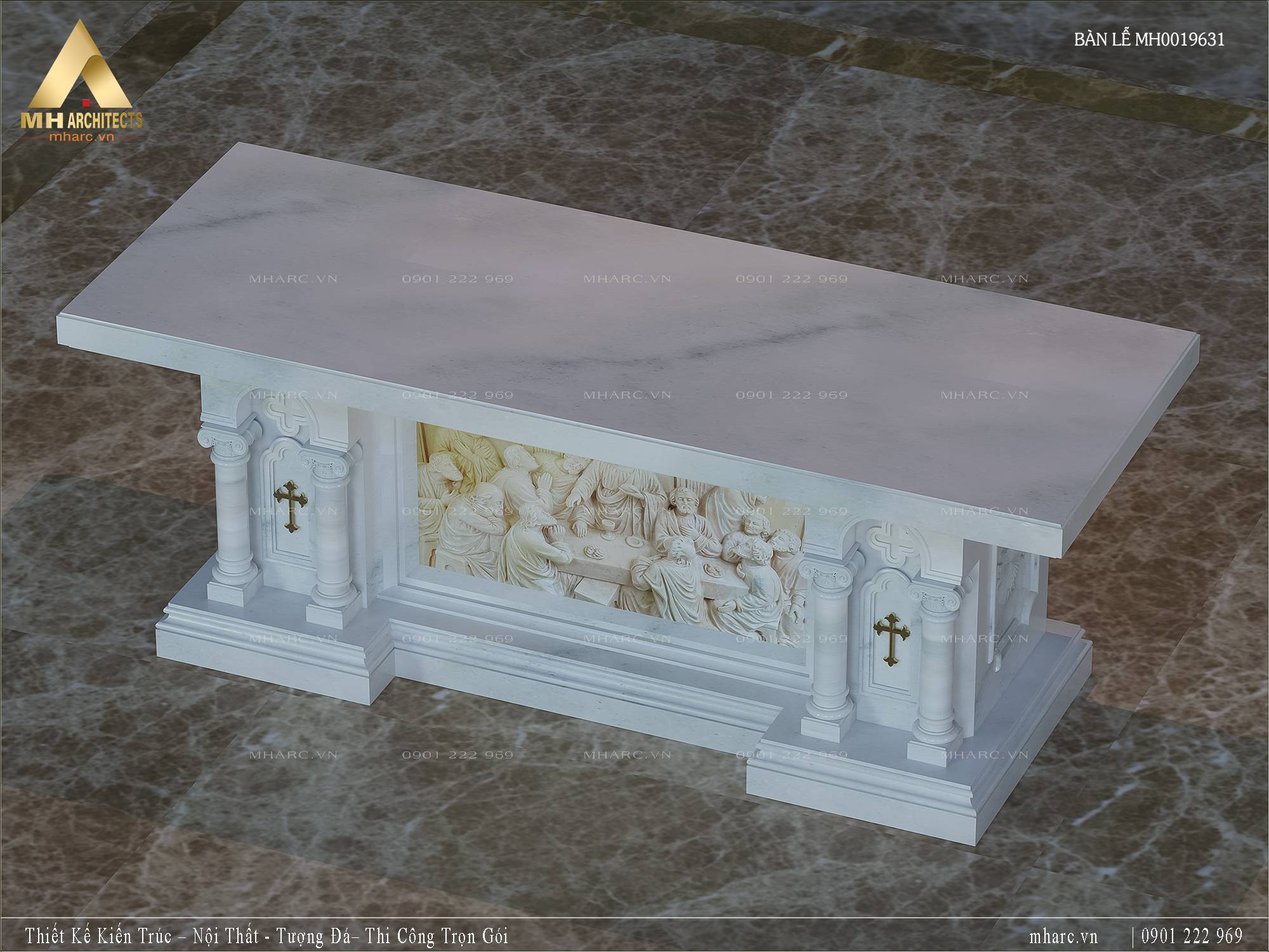 Bàn lễ đá trắng nguyên khối đẹp với phong cách Roman MH0019631 c4