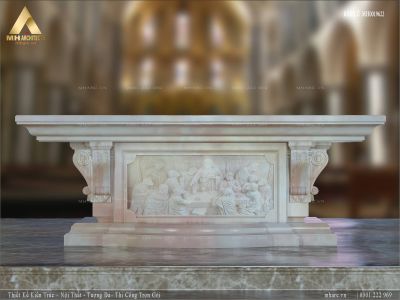 Bàn lễ công giáo đá hồng nguyên khối cổ điển siêu đẹp MH0019622